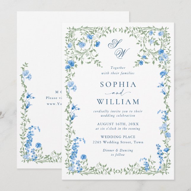Meadow Pastel French Roses Floral Wedding Invitation (Front/Back)