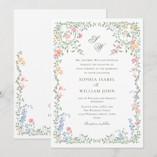 Meadow Pastel French Roses Floral Wedding Invitation (Front/Back)