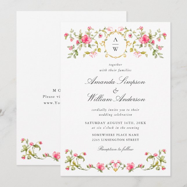 Meadow Pastel French Roses Floral Wedding Invitation (Front/Back)