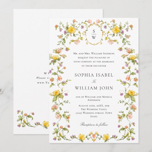 Meadow Pastel French Roses Floral Wedding Invitation (Front/Back)