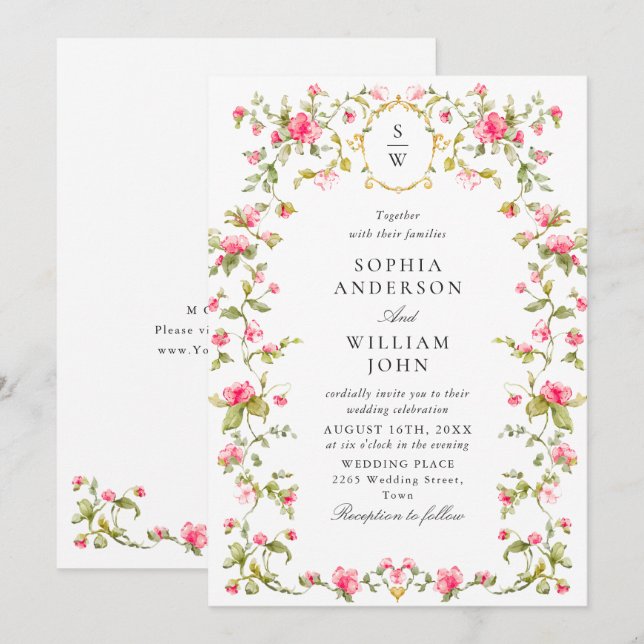 Meadow Pastel French Roses Floral Wedding Invitation (Front/Back)