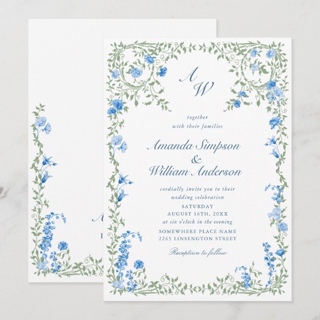 Meadow Pastel French Roses Floral Wedding Invitation (Front/Back)