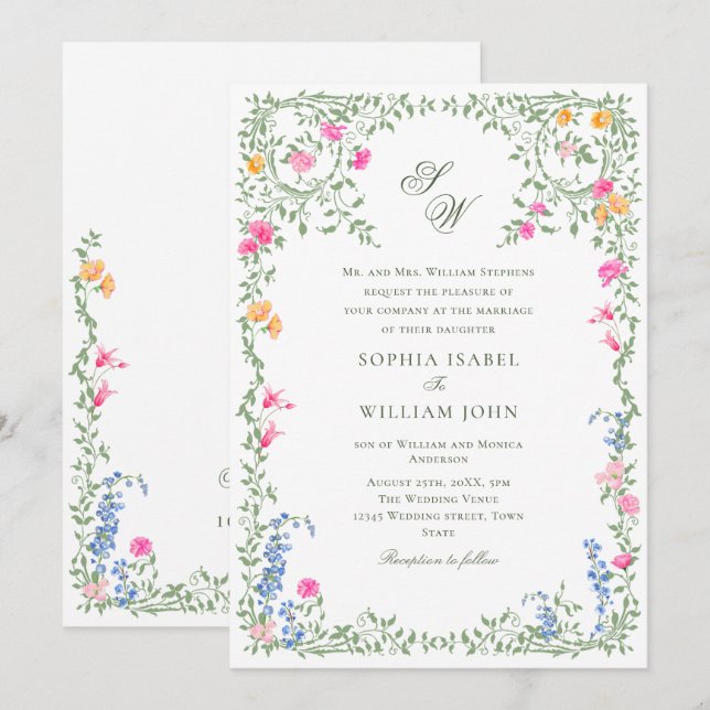Meadow Pastel French Roses Floral Wedding Invitation (Front/Back)