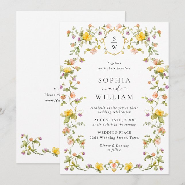Meadow Pastel French Roses Floral Wedding Invitation (Front/Back)