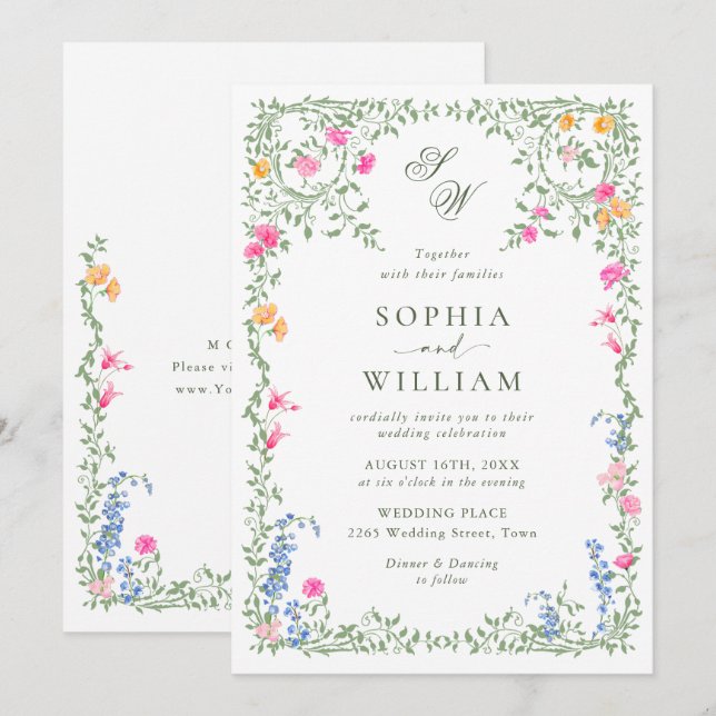 Meadow Pastel French Roses Floral Wedding Invitation (Front/Back)