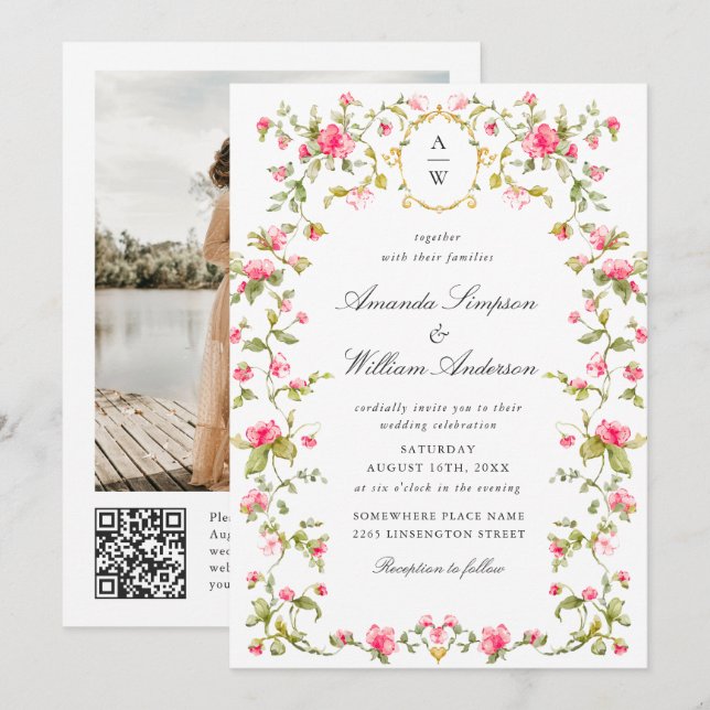 Meadow Pastel French Roses Floral Wedding Invitation (Front/Back)