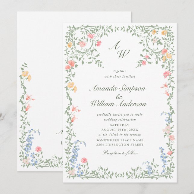 Meadow Pastel French Roses Floral Wedding Invitation (Front/Back)