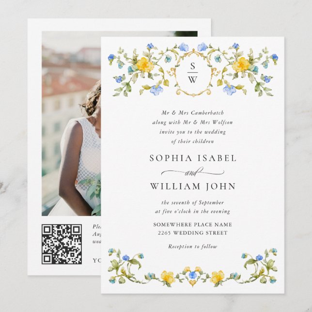 Meadow Pastel French Roses Floral Wedding QR code Invitation (Front/Back)