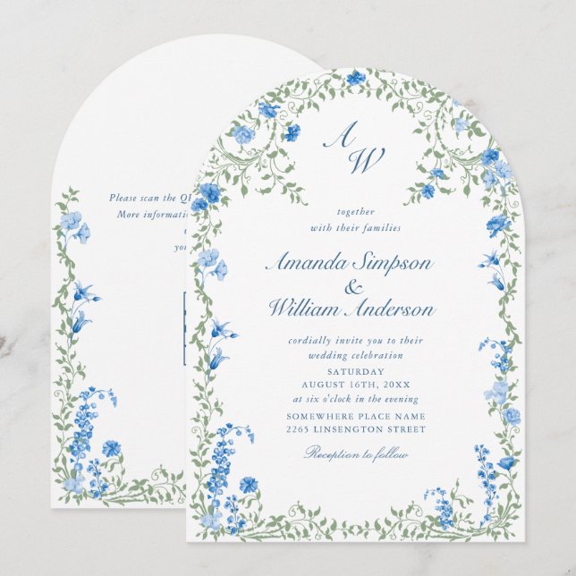 Meadow Pastel French Roses Floral Wedding QR code Invitation (Front/Back)