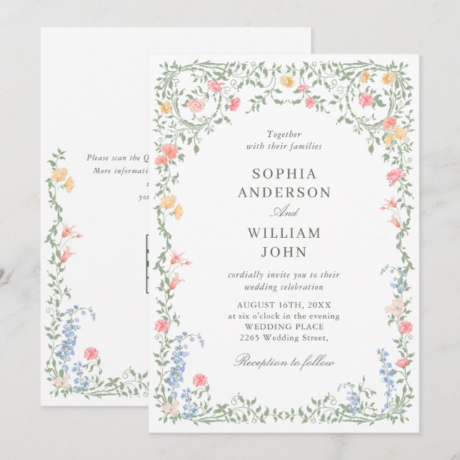 Meadow Pastel French Roses Floral Wedding QR code Invitation (Front/Back)