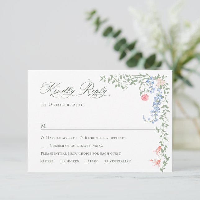 Meadow Pastel French Roses Floral Wedding RSVP Card (Standing Front)