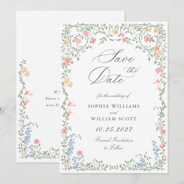 Meadow Pastel French Roses Floral Wedding Save The Date (Front/Back)