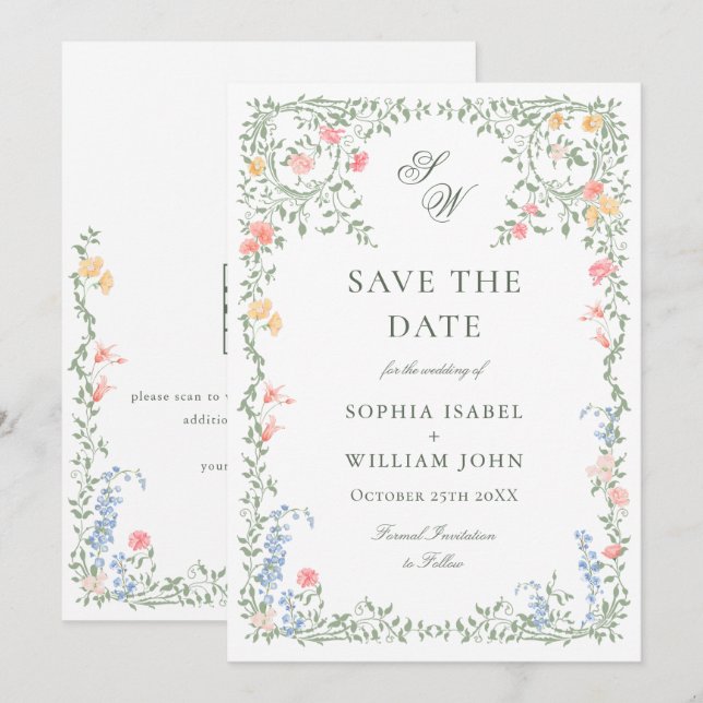 Meadow Pastel French Roses Floral Wedding Save The Date (Front/Back)