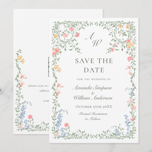 Meadow Pastel French Roses Floral Wedding Save The Date (Front/Back)
