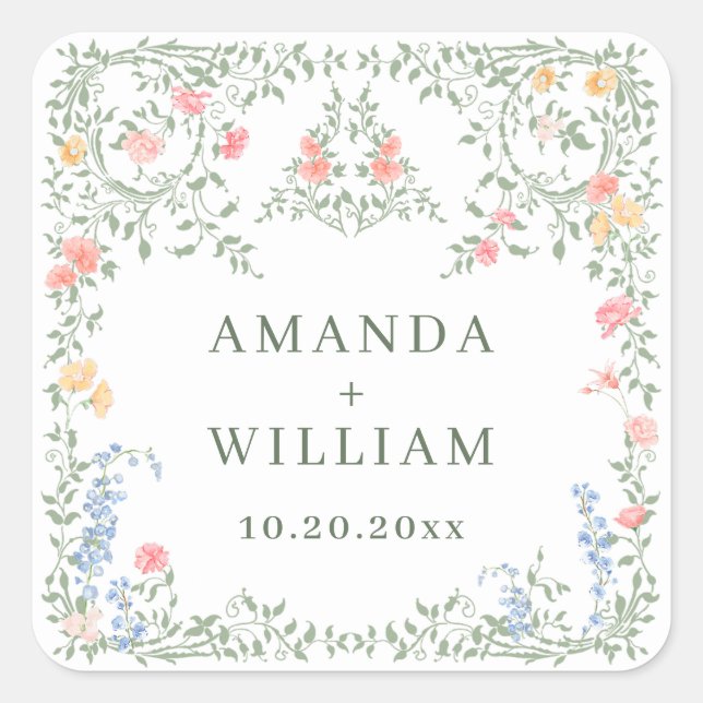 Meadow Pastel French Roses Floral Wedding Square Sticker (Front)
