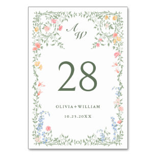 Meadow Pastel French Roses Floral Wedding Table Number