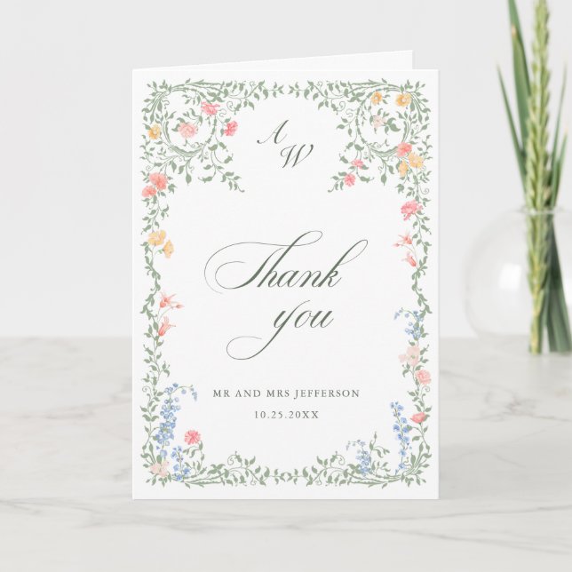 Meadow Pastel French Roses Floral Wedding Thank You Card (Front)