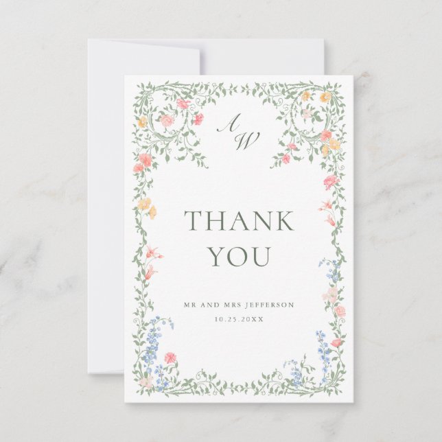 Meadow Pastel French Roses Floral Wedding Thank You Card (Front)