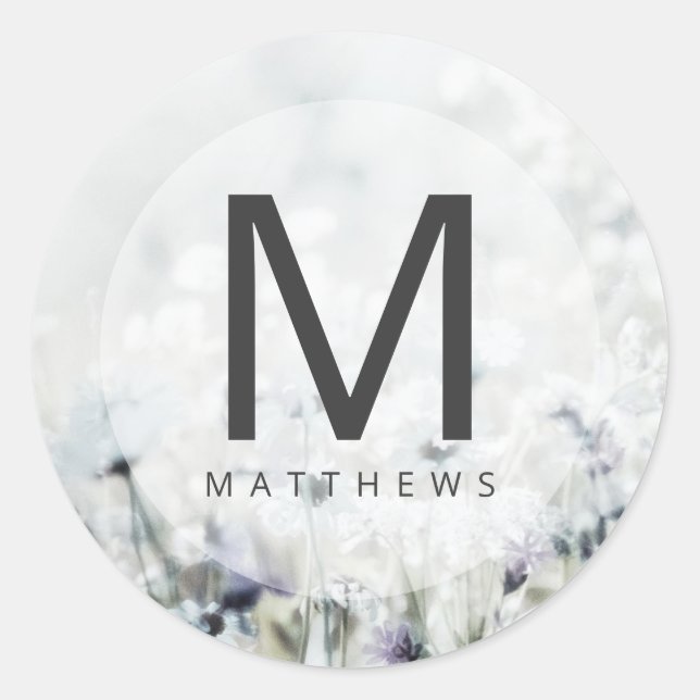 Meadow Song fading Wildflowers Monogram Wedding Classic Round Sticker (Front)
