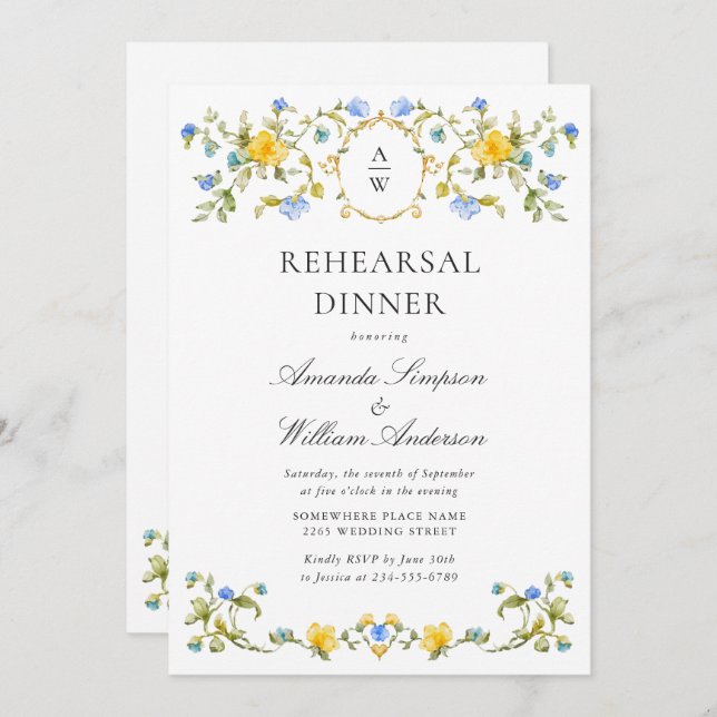 Meadow Watercolor Wildflowers Rehearsal Dinner Invitation (Front/Back)