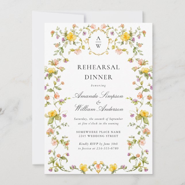 Meadow Watercolor Wildflowers Rehearsal Dinner Invitation (Front)