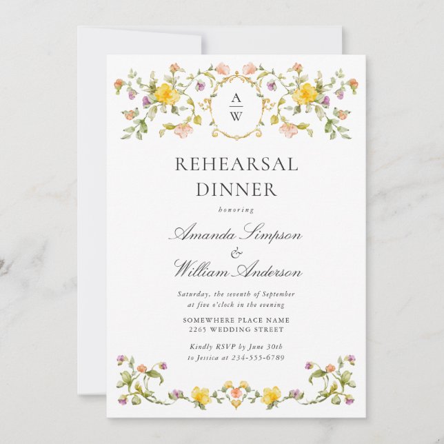 Meadow Watercolor Wildflowers Rehearsal Dinner Invitation (Front)