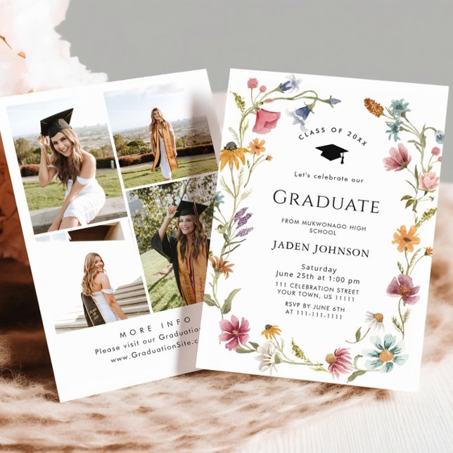 Meadow Wildflower Boho 4 Photo Graduation Party Invitation (Creator Uploaded)