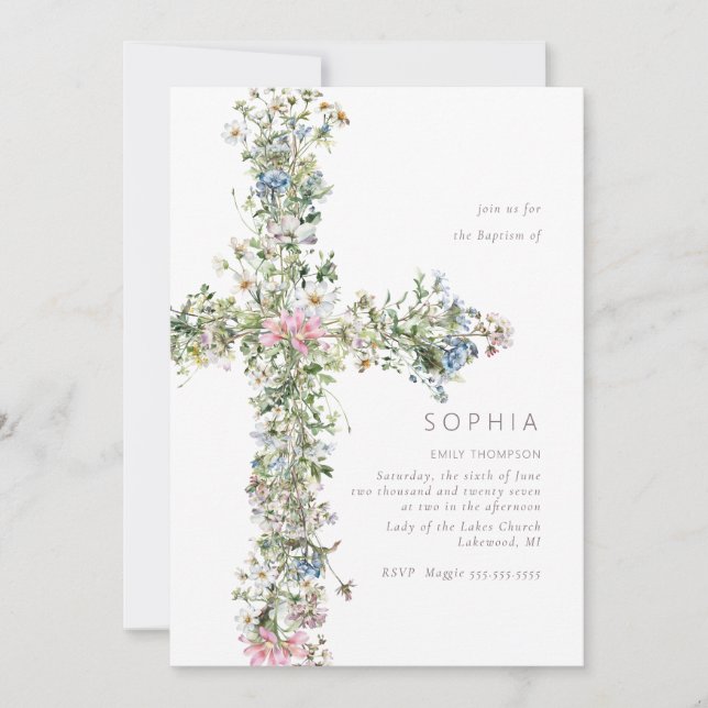 Meadow wildflower cross Baptism Christening Blue Invitation (Front)
