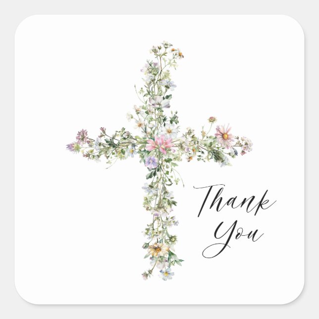Meadow wildflower cross Religious Thank You Square Sticker (Front)