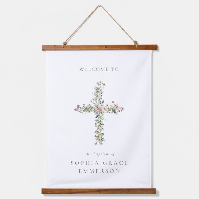 Meadow wildflower cross the Baptism Christening Hanging Tapestry (Front)