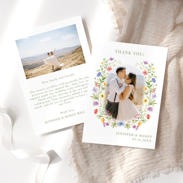 Meadow wildflower floral wreath Wedding Photo Thank You Card (Creator Uploaded)