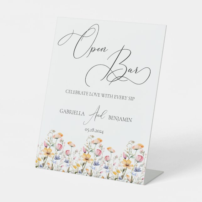 Meadow Wildflower Open Bar Wedding Tabletop Pedestal Sign (Front)