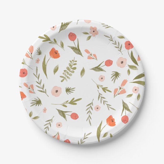 Meadow Wildflower Pink Peach Olive Paper Plate (Front)