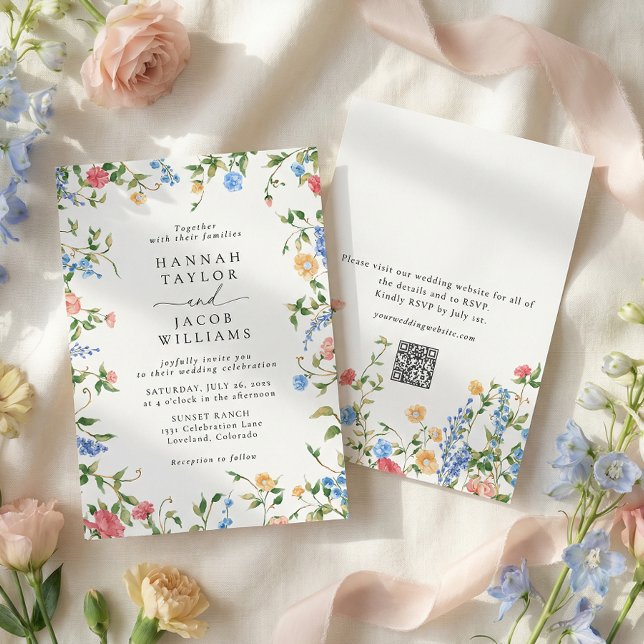 Meadow Wildflower Summer QR Code RSVP Wedding Invitation (Creator Uploaded)