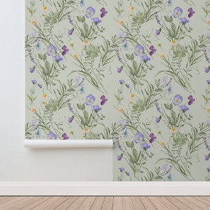 Meadow Wildflowers Violet Daisy Greenery Wallpaper