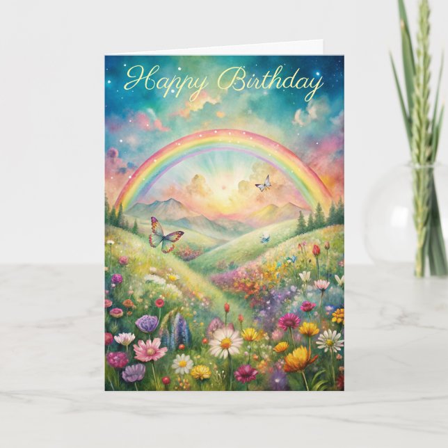 Meadow with Flowers and Butterflies and a Rainbow Card (Front)
