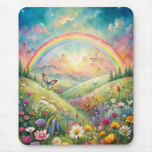 Meadow with Flowers and Butterflies and a Rainbow Mouse Mat (Front)