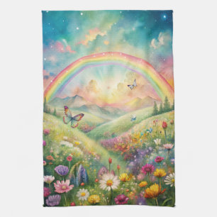 Meadow with Flowers and Butterflies and a Rainbow Tea Towel