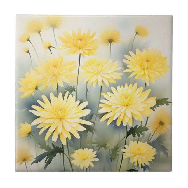 Meadow With Watercolor Chrysanthemums Tile (Front)