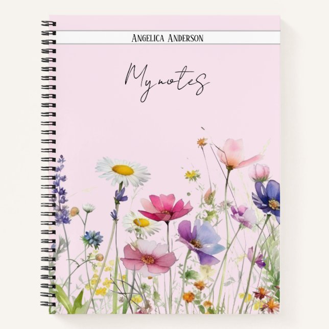 Meadow with Watercolor wildflowers soft pink Notebook (Front)