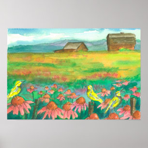 Meadowlark Birds Pink Flowers Watercolor Painting Poster
