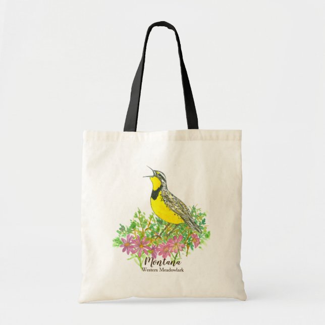 Meadowlark Songbird Bitterroot Pink Wildflowers Tote Bag (Front)