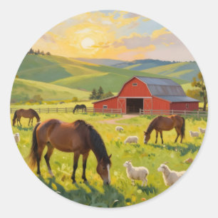 Meadowlight Morning – Pastoral Barn Landscape Classic Round Sticker