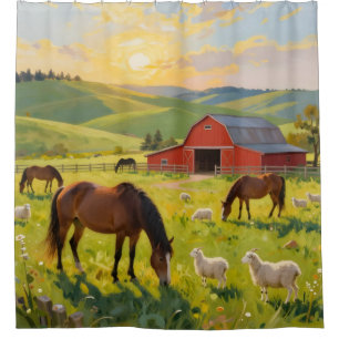 Meadowlight Morning – Pastoral Barn Landscape Shower Curtain