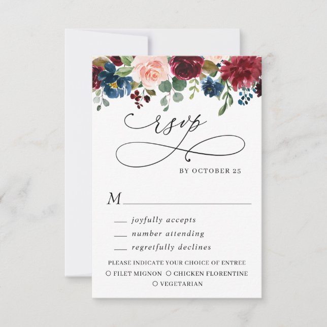 MEAL CHOICE Burgundy Navy Eucalyptus Rose Wedding RSVP Card (Front)