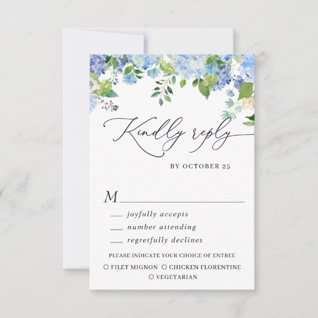 MEAL CHOICE Elegant Blue Hydrangea Wedding RSVP Card (Front)
