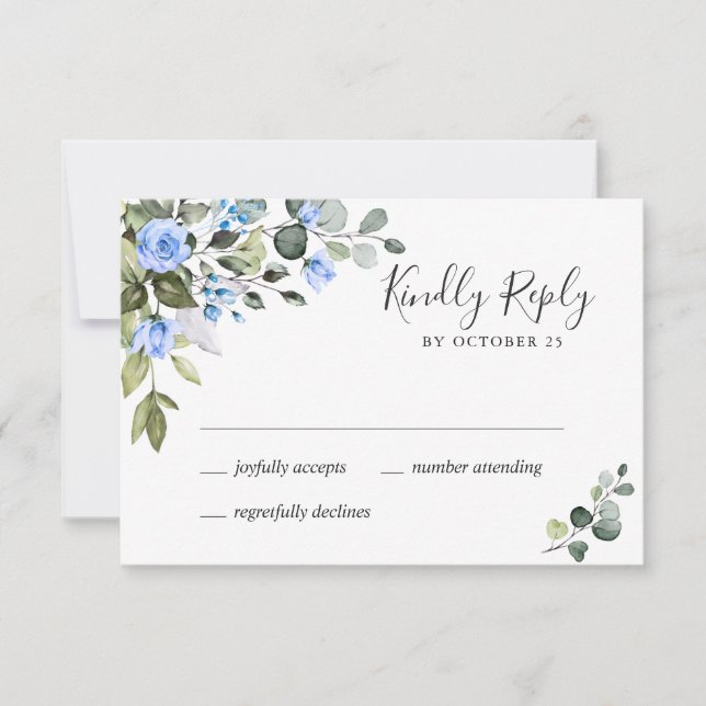 MEAL CHOICE Elegant Eucalyptus Blue Roses Wedding  RSVP Card (Front)