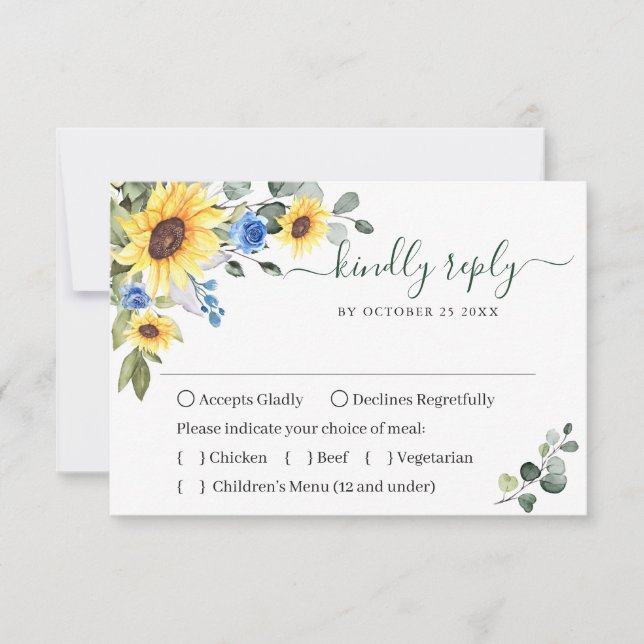 MEAL CHOICE Elegant Sunflowers Eucalyptus Wedding RSVP Card (Front)