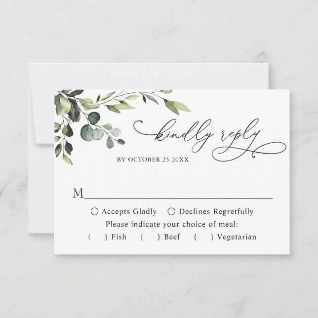 MEAL CHOICE Eucalyptus Watercolor Floral Wedding RSVP Card (Front)