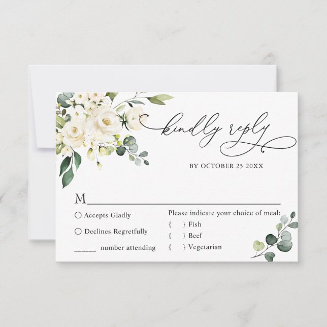 MEAL CHOICE Eucalyptus White Roses Floral Wedding RSVP Card (Front)